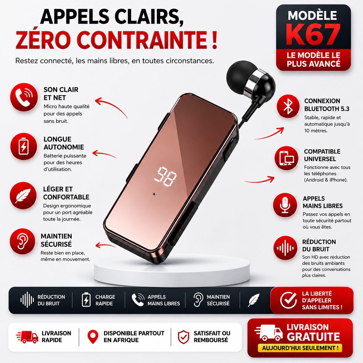oreillette Bluetooth professionnel k67 (model le plus avancé)