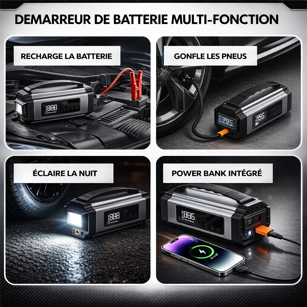 Démarreur de batterie multifonction - Rechargez les batteries, Gonflez les pneus, Dépensez moins